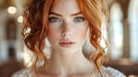 Young redhead woman with wavy hair and freckles looking at camera with soft natural lighting in warm indoor setting for beauty and lifestyle content.