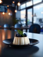 Elegant panna cotta dessert with fresh blueberries and mint garnish served on black plate in modern restaurant setting with warm ambient lighting.