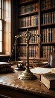Ornate brass scales of justice on wooden desk in traditional law library with vintage books and warm lighting for legal and judicial concepts.