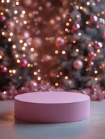 Pink round podium against blurred Christmas tree with bokeh lights and ornaments background creates festive product display setting for holiday marketing.