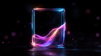 Glowing neon square frame with flowing light wave effect on dark background, abstract digital art with blue and pink luminous elements and bokeh particles.