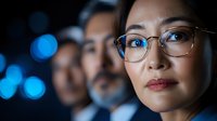 Young Asian businesswoman wearing glasses in professional office environment with blue bokeh lights and colleagues in background. Corporate team portrait.