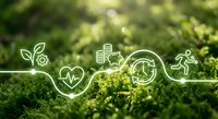 Green moss background with white line art icons showing environmental sustainability cycle including plant growth, health, recycling and renewable energy concepts.