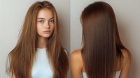 Young Caucasian woman with long straight brown hair shown from front and back views wearing white top, natural makeup look on neutral background for beauty and haircare advertising.