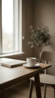 Cozy morning scene with white coffee cup and book on wooden table near window with soft natural light and eucalyptus branches in ceramic vase creating peaceful atmosphere.