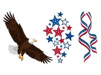 Bald eagle in flight with spread wings, patriotic stars in red and blue, and decorative ribbon with stripes isolated on white background for design projects.
