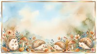 Watercolor hedgehogs in autumn foliage border frame with fall leaves and berries on textured paper background for seasonal greeting cards and decorations.