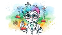 Young scientist with colorful hair conducting chemistry experiments with test tubes and magnifying glass on watercolor background for educational content.