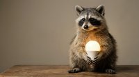 Cute raccoon holding glowing light bulb on wooden surface against neutral background symbolizing creativity and bright ideas for business concepts.