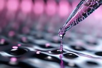 Purple liquid droplet falling from pipette into water creating ripples and splash with pink bokeh background for laboratory research and scientific experiments.