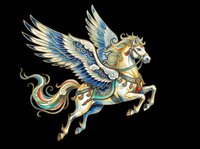 Winged horse with ornate golden armor and blue feathered wings, isolated on transparent background, ready for t-shirt design, clipart, stickers, and print-on-demand products.