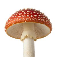 Fly agaric mushroom with red cap and white spots isolated on white background, suitable for educational, botanical, and design projects.