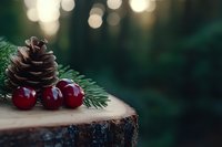 Fresh red cranberries and pine cone on rustic wood slice with evergreen branch against dark green bokeh background, festive winter nature composition.