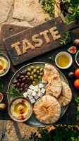 Mediterranean mezze platter with hummus, olives, feta, and pita bread on rustic table, wooden board with word TASTE made of sesame seeds.