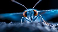 Extreme macro photography of blue butterfly head with compound eyes and antennae against dark background showing intricate insect details and textures.