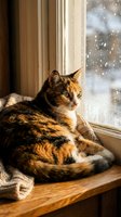 Tabby cat resting on windowsill beside rainy window with warm curtains, gazing outside during winter weather. Cozy home interior scene for lifestyle and pet content.