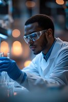 African American male scientist in safety goggles conducting laboratory research with test tubes in modern lab facility for medical and pharmaceutical studies.