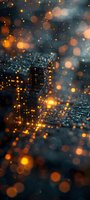 Abstract technology background with glowing orange bokeh lights and circuit board patterns creating depth and dimension for tech industry designs.