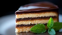 Layered chocolate cake slice with vanilla cream filling and dark chocolate ganache topping garnished with fresh mint leaves on dark background. Macro food photography.