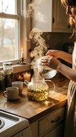 Young Caucasian woman brewing chamomile herbal tea in a cozy kitchen, pouring hot water into glass teapot with steam rising, warm candlelight ambiance.