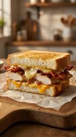 Gourmet grilled cheese sandwich with melted cheddar, crispy bacon and turkey on toasted bread served on wooden cutting board in cozy kitchen setting.