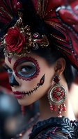 Young woman with sugar skull makeup wearing ornate red and black costume, dramatic headdress with roses and feathers, detailed face paint and decorative earrings for Day of Dead celebration.
