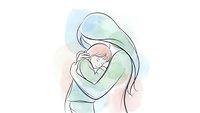 Mother tenderly holding newborn baby in loving embrace with soft watercolor background for maternity and parenting designs.