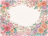 Floral frame with roses, peonies, and decorative swirls on cream background. Isolated design element suitable for invitations, cards, and print projects.