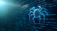 Digital spider made of binary code on dark background with glowing blue light effect represents cyber security threat and malware concept.