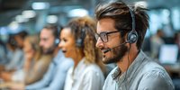 Diverse customer service team in call center with young bearded man wearing headset in foreground, focused on providing support.