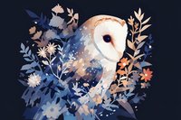 Mystical barn owl among night garden flowers and leaves in watercolor style, featuring soft blue and peach tones against dark background. Decorative floral composition.