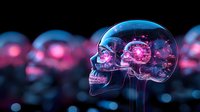 Glowing translucent skull with visible brain structure in neon pink and blue colors against dark background with bokeh lights creates futuristic medical concept.