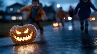 Glowing carved pumpkin with jack-o-lantern face sits on wet pavement at dusk while children in autumn clothing play nearby, perfect for seasonal and holiday marketing.