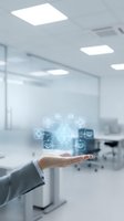 Businessman holding glowing brain with medical icons in modern office, representing artificial intelligence, healthcare technology, and innovation for business solutions.