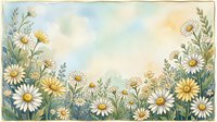 Watercolor daisy field border with soft pastel sky, green herbs and wildflowers framing copy space for cards, invitations, and prints.
