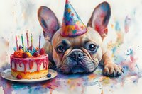 Adorable French Bulldog wearing party hat lying next to birthday cake with colorful candles on watercolor background, celebrating special occasion with festive mood.