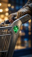 Gloved hand gripping ornate motorcycle handlebar with glowing green jewel accent, blurred urban lights in background, suitable for automotive and lifestyle editorial use.