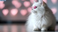 White fluffy cat with heart-shaped sunglasses sitting against pink bokeh background, romantic and whimsical mood for valentines day and pet fashion concepts.