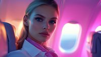 Young female flight attendant in white uniform illuminated by vibrant pink and purple cabin lighting near airplane window during sunset flight.