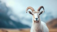 Majestic white bighorn sheep with large curved horns against blurred mountain landscape, wildlife portrait in natural habitat with soft blue tones.