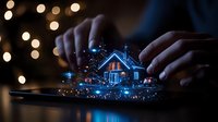 Magical glowing house hologram emerging from digital tablet screen with bokeh lights in background, hands interacting with futuristic smart home technology.
