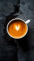 White ceramic cup of fresh latte with heart-shaped foam art on dark textured background. Overhead view of aromatic coffee drink with golden hues.