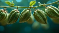 Green cardamom pods growing on branch with natural bokeh background, fresh aromatic spice closeup macro photography showing detailed texture and pattern.