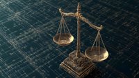 Golden scales of justice on digital grid background representing legal technology and cyber law enforcement in modern judicial system.