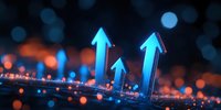 Glowing blue arrows pointing upward against dark background with orange and blue bokeh lights creating magical atmosphere for business growth concept.