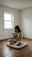 Young woman reading book while sitting cross-legged on floor cushion in minimalist room with natural light from window for relaxation and mindfulness.