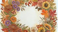 Watercolor autumn floral wreath frame with sunflowers, chrysanthemums, oak leaves, acorns, and berries on white background for seasonal design.