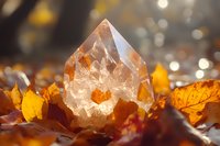 Clear quartz crystal point nestled in golden autumn leaves with soft bokeh background and sunlight creating magical natural atmosphere.