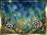 Watercolor night sky with cute raccoons among autumn foliage and ferns, starry background with golden frame border for seasonal greeting cards and decor.