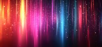 Vibrant multicolored light streaks and particles create dynamic motion effect against dark background, featuring gradient spectrum from warm orange to cool blue tones.